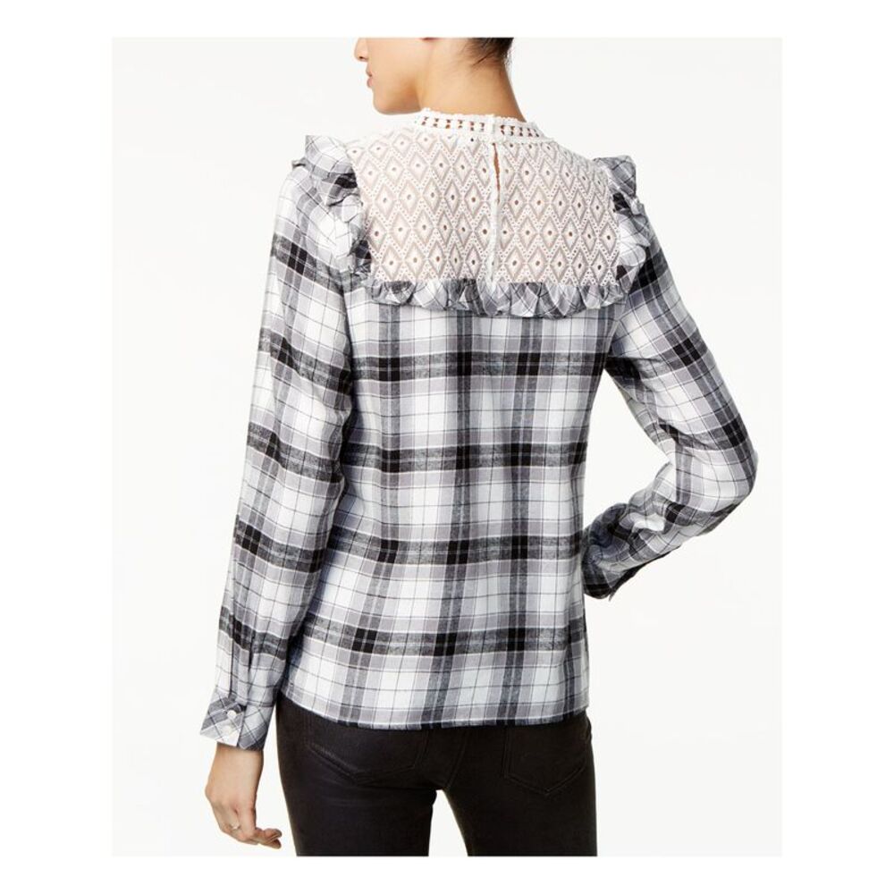 KENSIE Womens Ivory Ruffled Lace Plaid Long Sleeve Bib Neck Tunic Top Size: XS - Picture 2 of 2